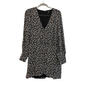Lulus Fall Into You Faux Wrap Floral Long Sleeve Mini Dress Size L Black 90s